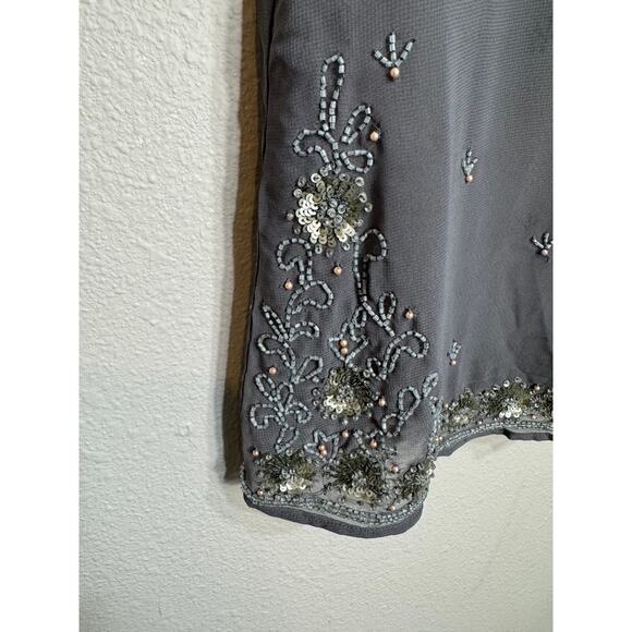 Sundance beaded tunic sheer gray short split sleeves beaded neck cuffs hem Sz S - Picture 6 of 11